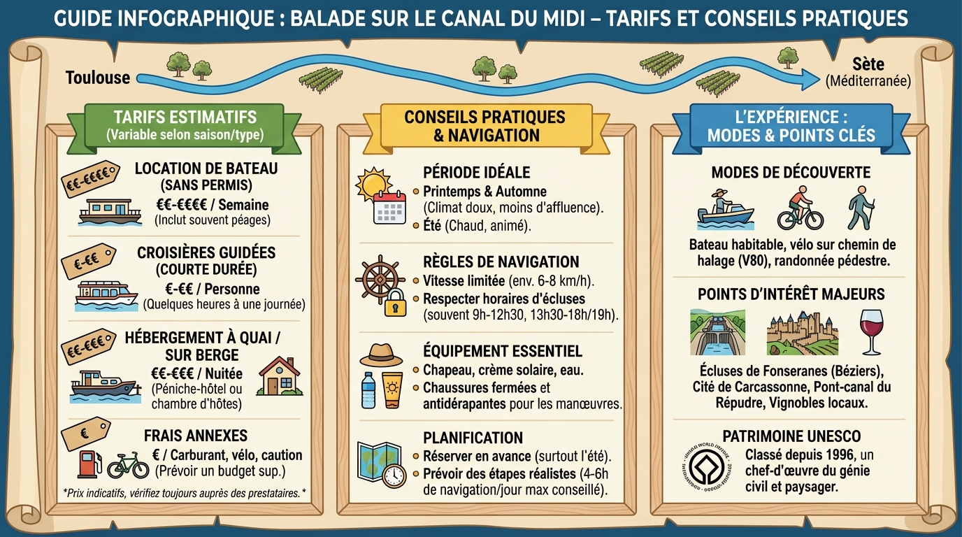 Tarifs des balades sur le canal du Midi